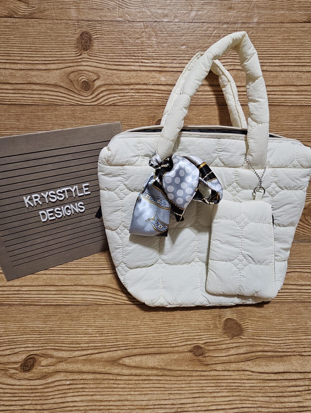 Quilted Puff Tote Bag With Zip Pouch And Scarf